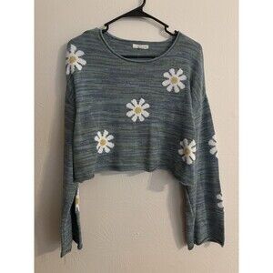 LA Hearts Small Blue Floral Knitted Crop Sweater Top Daisy Hippie Boho Festival